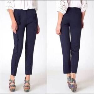 Anthropologie Leifsdottir Navy Blue Linen Trousers Ruffle Front Tapered Pants